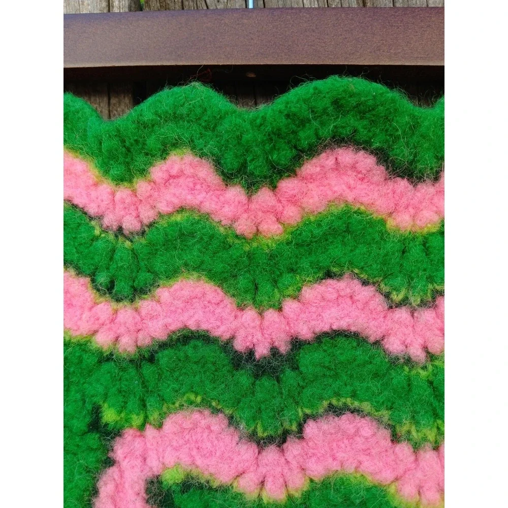 Vintage Retro Style Handmade Crochet Afghan Pink & Green Scalloped Chevron Throw